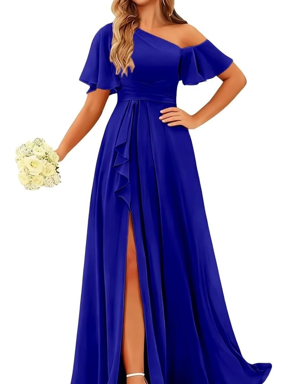 Elegant One-Shoulder Royal Blue Maxi Dress with Ruffle Detail